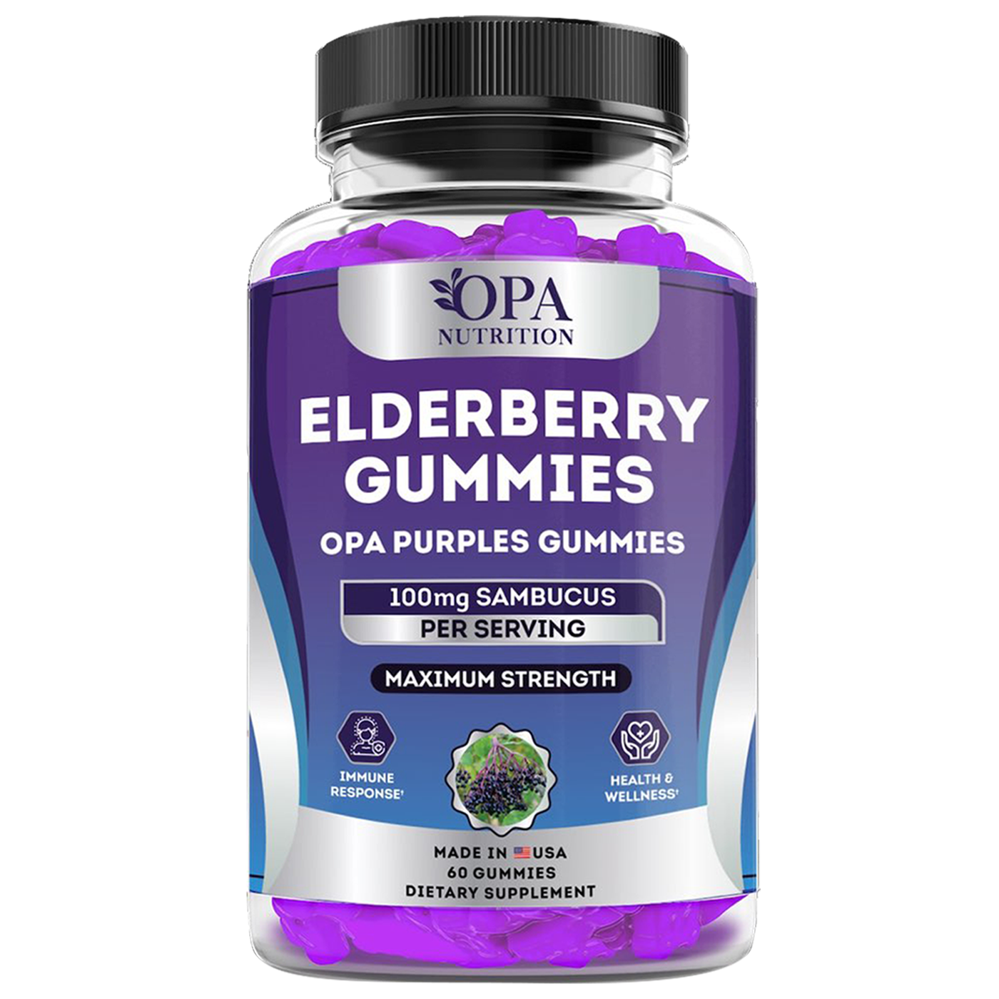 Elderberry Gummies for Immune Support with Zinc, Vitamin C, Kids-Adults - 60 Ct. Front ingredients